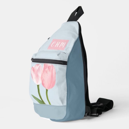 Pink Tulips on Pale Blue With Triple Monogram Sling Bag