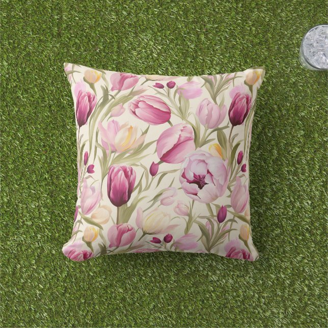 Pink Tulips Outdoor Pillow (Grass)