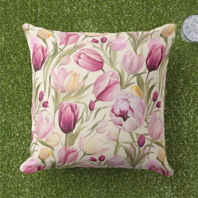 Pink Tulips Outdoor Pillow (Grass)