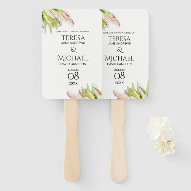 Pink Tulips Personalized Garden Wedding Hand Fan (Front and Back)