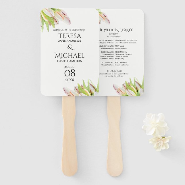 Pink Tulips Personalized Program Garden Wedding Hand Fan (Front and Back)