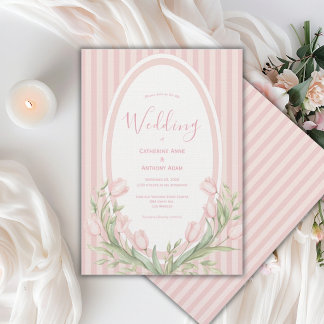 Pink Tulips Pink Stripe Vintage Wedding Invitation