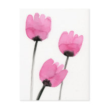 Pink Tulips Postcard, Watercolor Flowers Painting