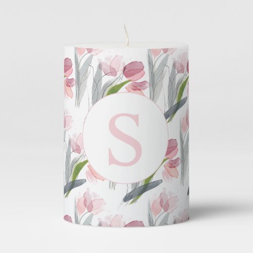 Pink Tulips Sage Green Leaves White Monogram Pillar Candle