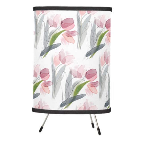 Pink Tulips Sage Green Leaves White Table Lamp