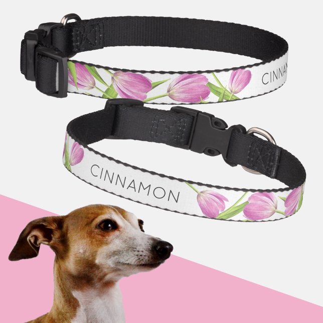 Pink Tulips Spring Elegant Floral Custom Name Pet Collar (Creator Uploaded)