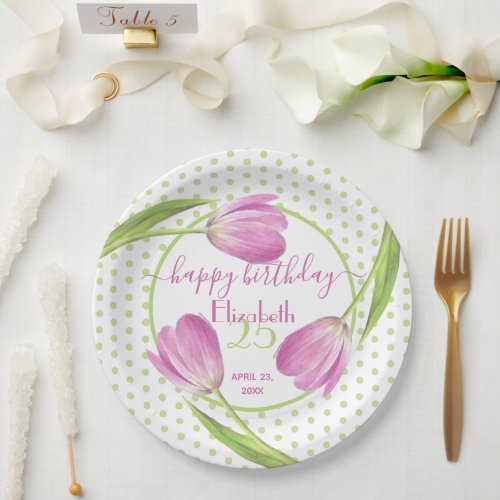 Pink tulips Spring Elegant Floral Easter Birthday Paper Plates