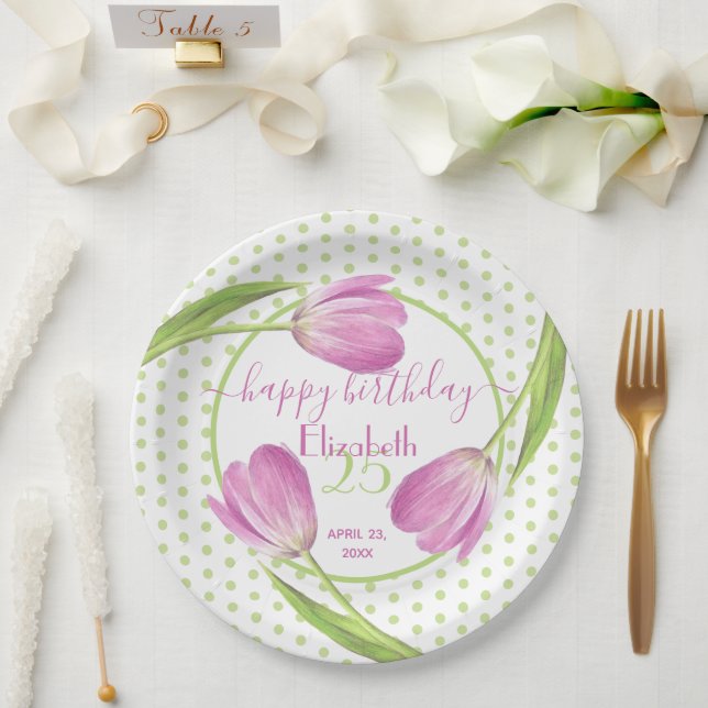Pink tulips Spring Elegant Floral Easter Birthday Paper Plates (Wedding)