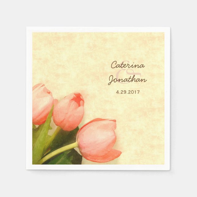 Pink tulips spring wedding reception napkins (Front)