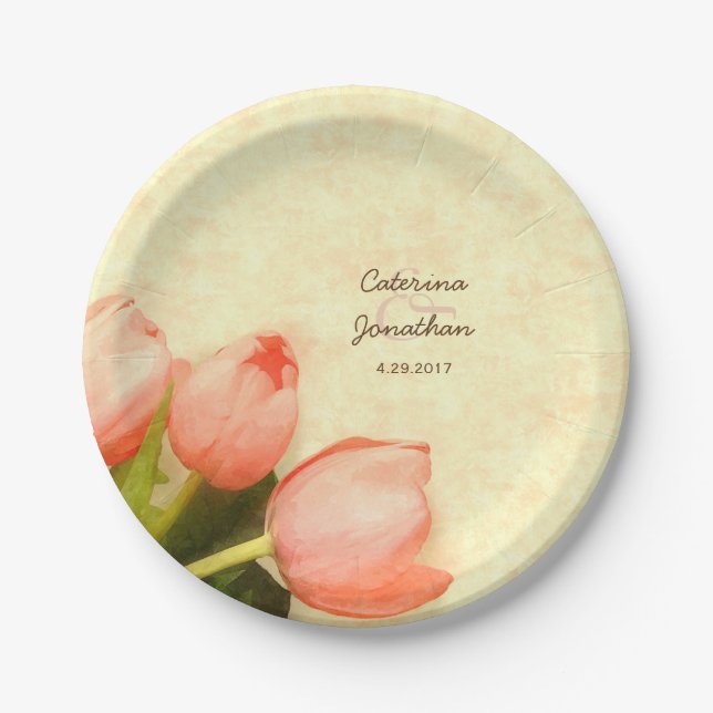 Pink tulips spring wedding reception paper plates (Front)