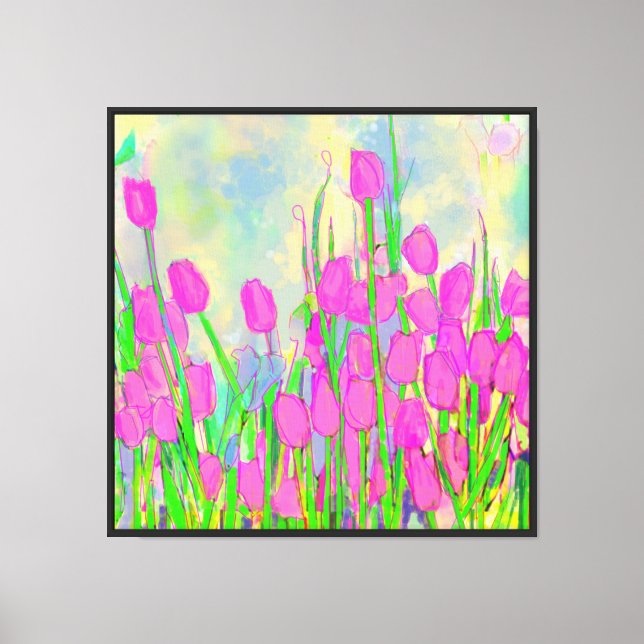 Pink Tulips Stems Leaves and Sky Canvas Print (Front)