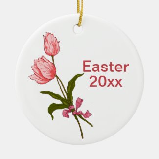 Pink Tulips Tied with a Bow, First Easter Ceramic Ornament