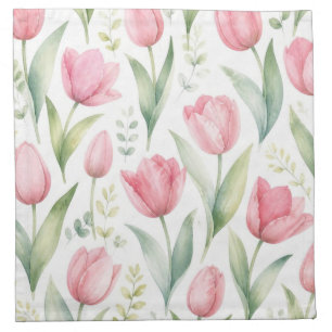 Pink Tulips Watercolor Floral Painting Botanical Cloth Napkin