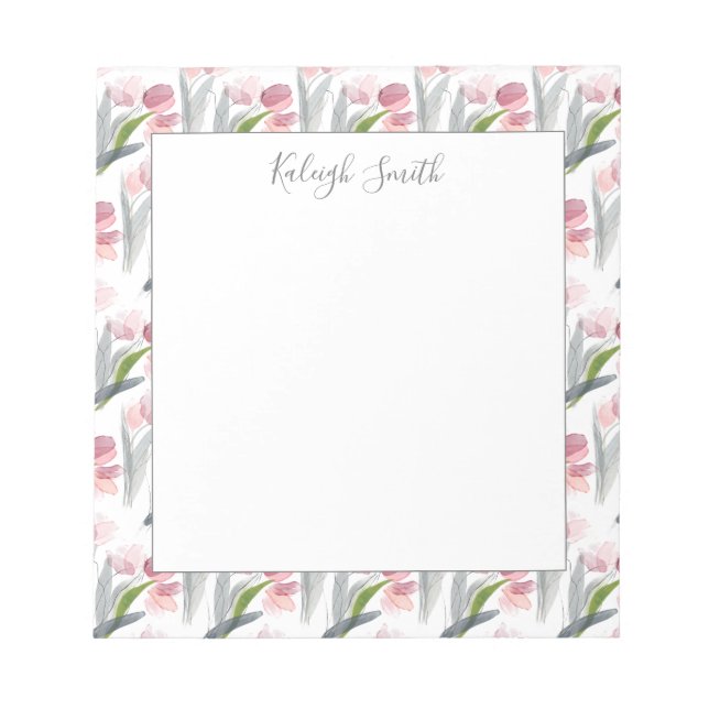 Pink Tulips Watercolor Flowers Springtime White Notepad (Front)