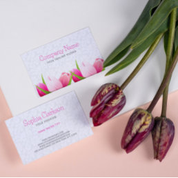 Pink Tulips White Damasks Background Business Card