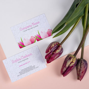 Pink Tulips White Damasks Background Business Card by gogaonzazzle at Zazzle