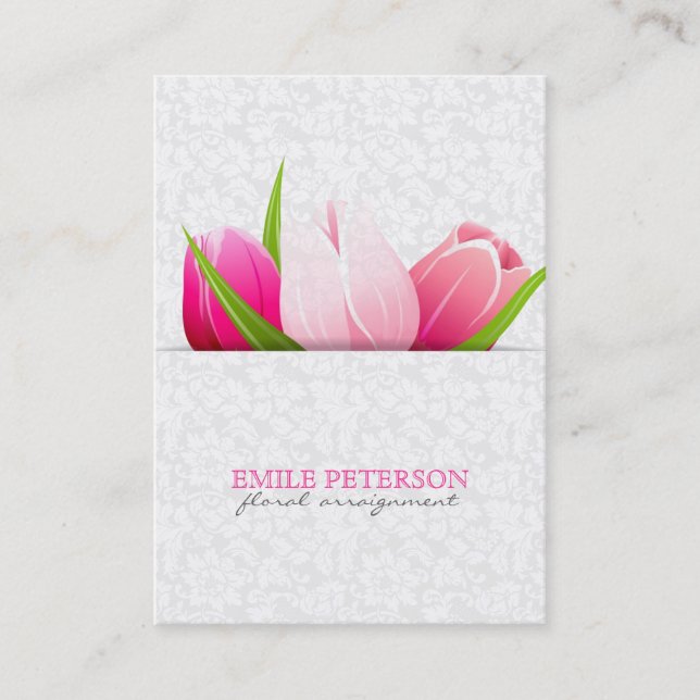 Pink Tulips White Damasks Background Business Card (Front)