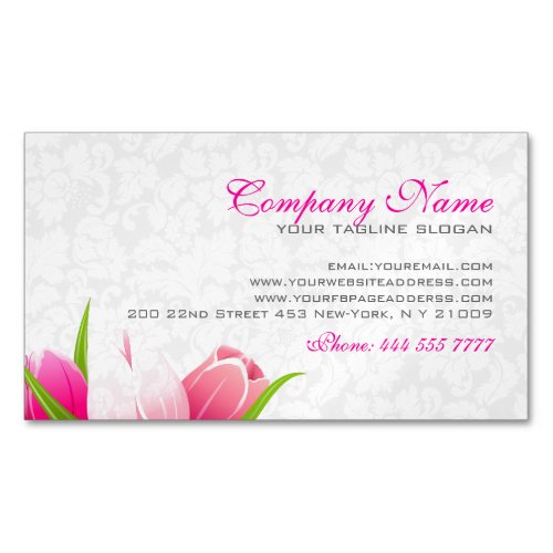 Pink Tulips White Damasks Background Business Card Magnet