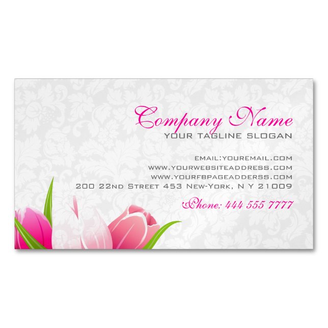 Pink Tulips White Damasks Background Business Card Magnet (Front)