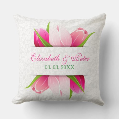 Pink Tulips White Damasks Background Throw Pillow