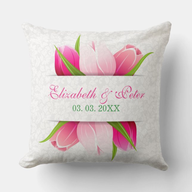 Pink Tulips White Damasks Background Throw Pillow (Front)