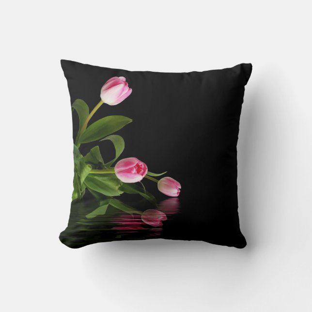 Pink Tulips with  Black Water Reflection Throw Pillow (Front)