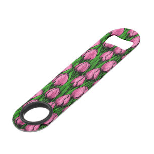 Pink tulips with green leaves bar key