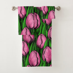 Pink tulips with green leaves bath towel set