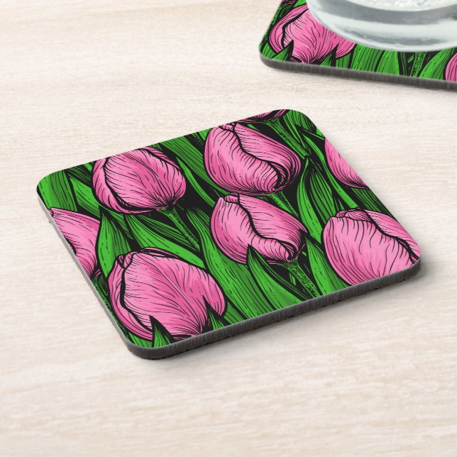 Pink tulips with green leaves beverage coaster (Left Side)