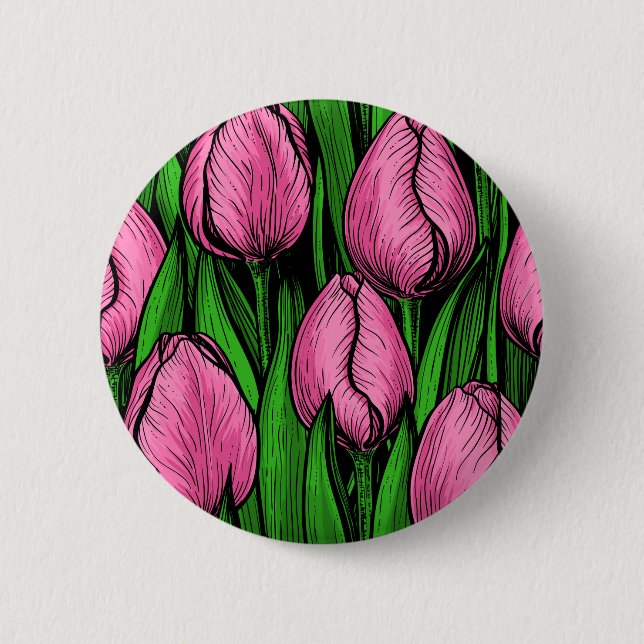 Pink tulips with green leaves button (Front)