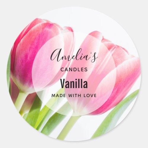 Pink Tulips with Green Leaves _ Candle Business Classic Round Sticker