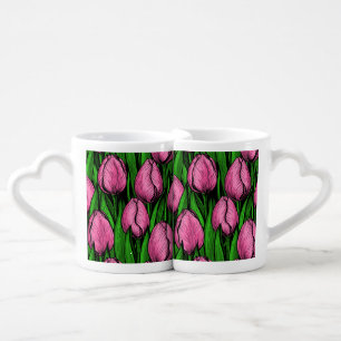 Pink tulips with green leaves coffee mug set