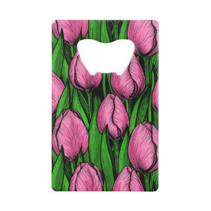 Pink tulips with green leaves credit card bottle opener