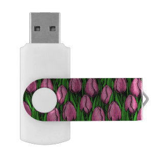 Pink tulips with green leaves flash drive