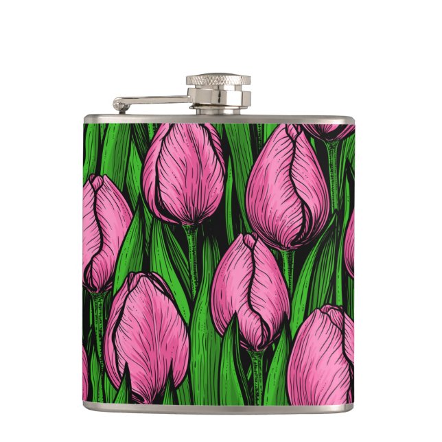 Pink tulips with green leaves flask (Front)
