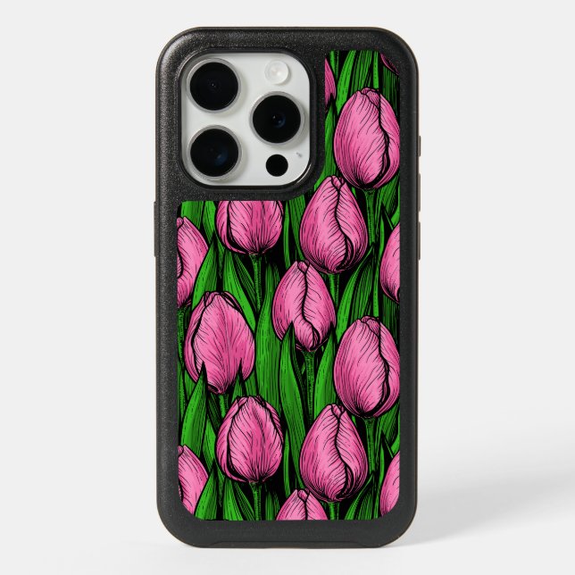 Pink tulips with green leaves iPhone 15 pro case (Back)