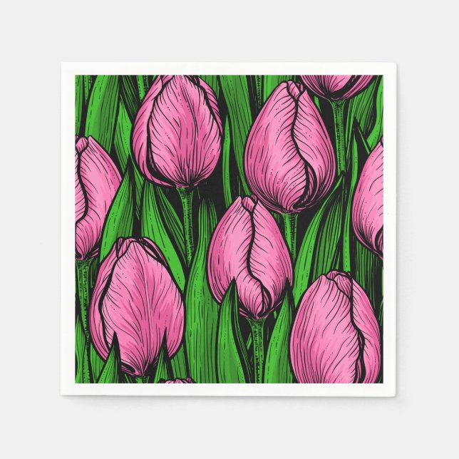 Pink tulips with green leaves napkins (Front)