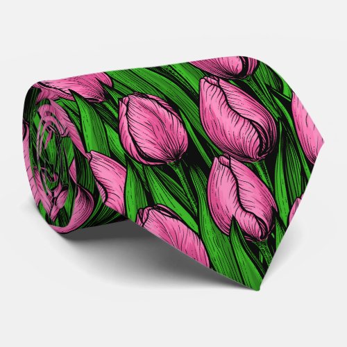 Pink tulips with green leaves neck tie