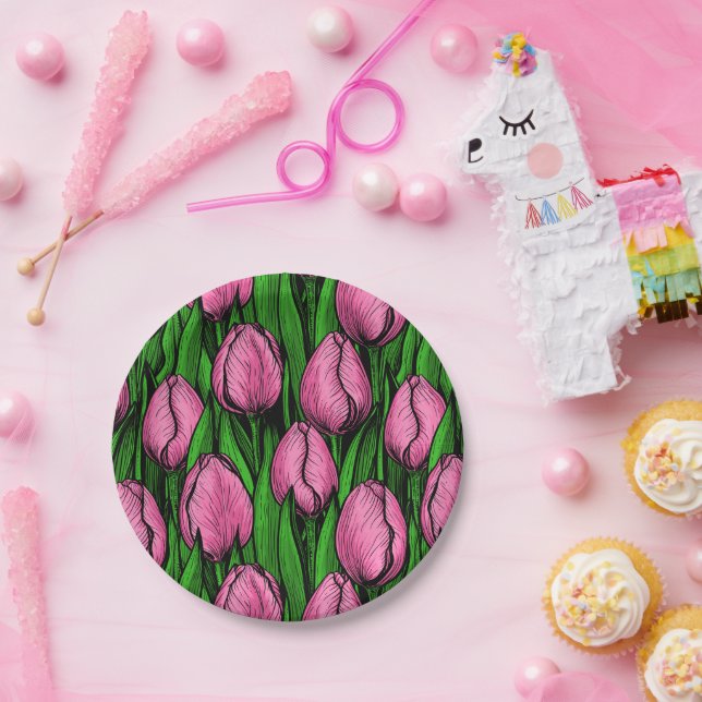 Pink tulips with green leaves paper plates (Party)