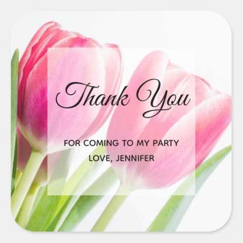 Pink Tulips with Green Leaves Party Thank You Square Sticker