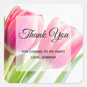 Pink Tulips with Green Leaves Party Thank You Square Sticker