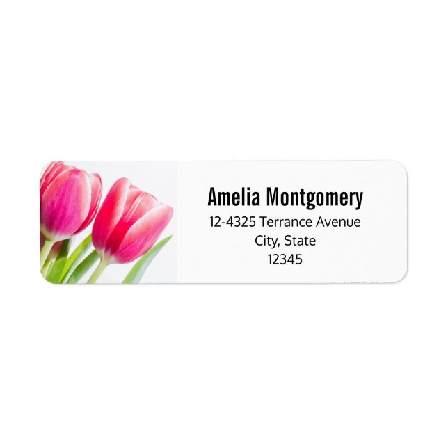 Pink Tulips with Green Leaves Photo Address Label (Front)