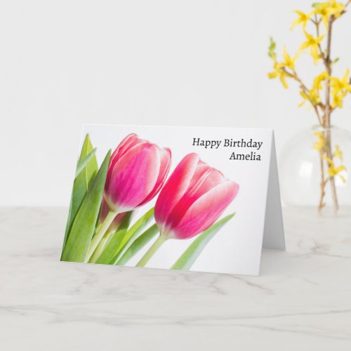 Pink Tulips with Green Leaves Photo Birthday Card