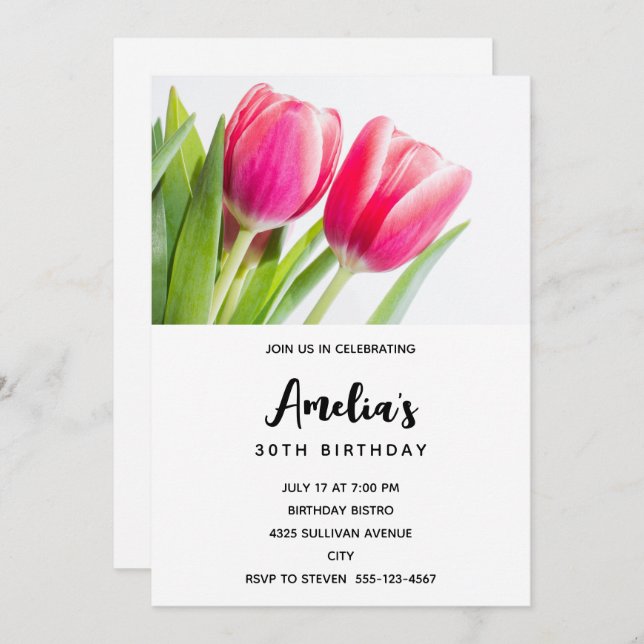 Pink Tulips with Green Leaves Photo Birthday Invitation (Front/Back)