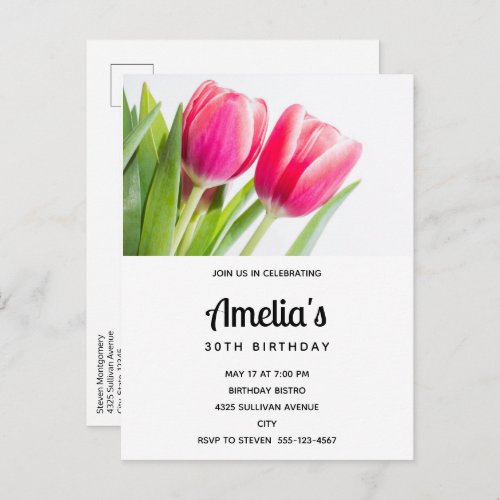 Pink Tulips with Green Leaves Photo Birthday Invitation Postcard