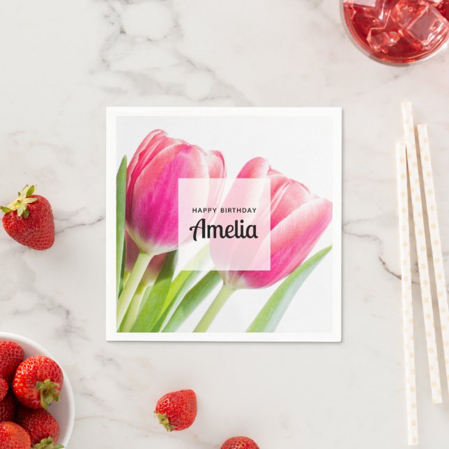 Pink Tulips with Green Leaves Photo Birthday Napkins (Insitu)