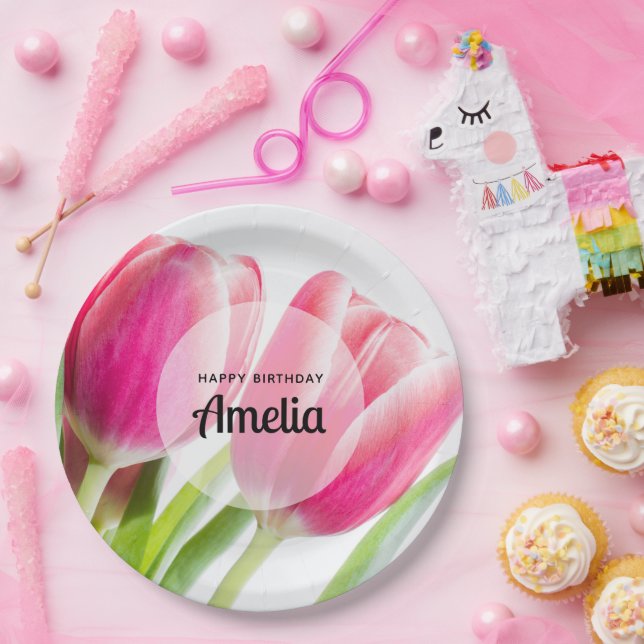 Pink Tulips with Green Leaves Photo Birthday Paper Plates (Party)