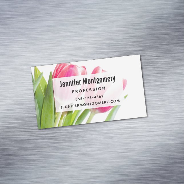 Pink Tulips with Green Leaves Photo Business Card Magnet (In Situ)
