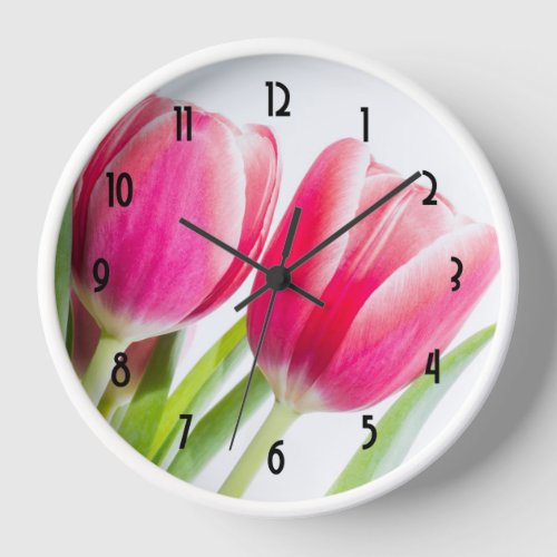 Pink Tulips with Green Leaves Photo Clock