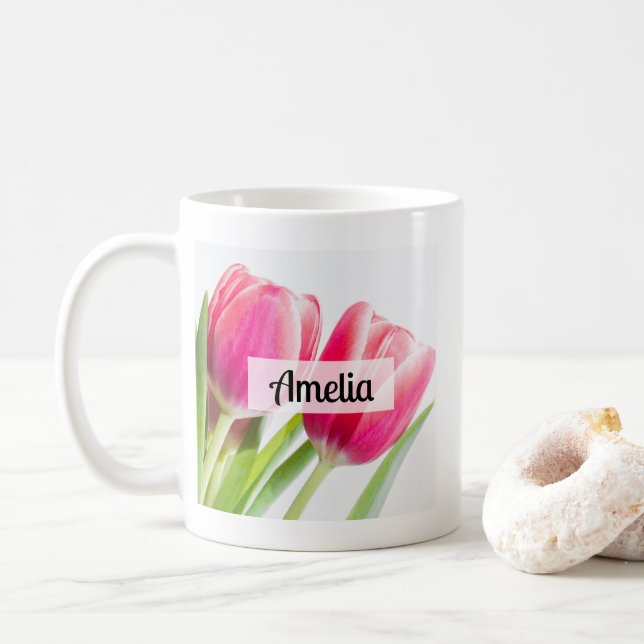 Pink Tulips with Green Leaves Photo Coffee Mug (With Donut)